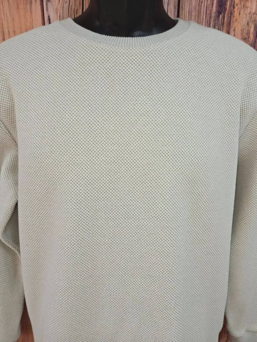 Zara Mens Ribbed Crewneck Knit Sweater Light Beige Medium Textured